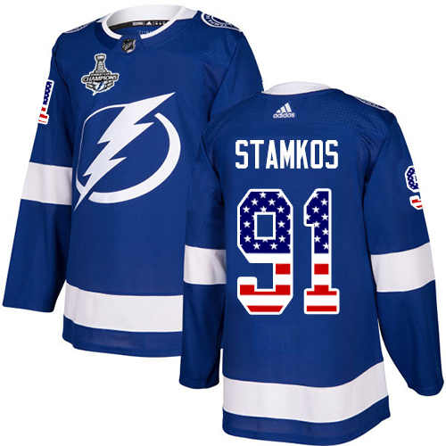 Men Adidas Tampa Bay Lightning #91 Steven Stamkos Blue Home Authentic USA Flag 2020 Stanley Cup Champions Stitched NHL Jersey